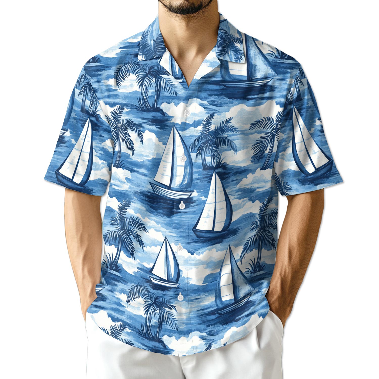 Netecom Sailboats Blue Hawaiian Shirt for Men