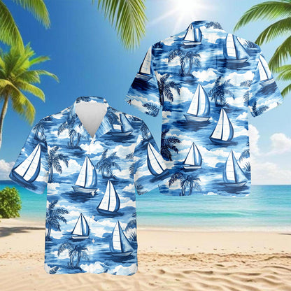 Netecom Sailboats Blue Hawaiian Shirt for Men, Button Down Summer Beach Short Sleeve, Tropical Style, Sizes S-5XL