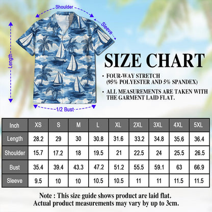 Netecom Sailboats Blue Hawaiian Shirt for Men, Button Down Summer Beach Short Sleeve, Tropical Style, Sizes S-5XL