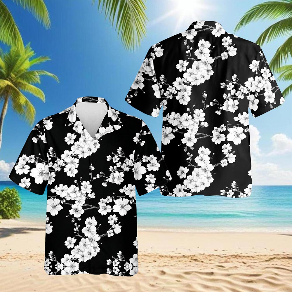 Netecom Sakura Cherry Blossom Hawaiian Shirt for Men, Japanese Button Down Summer Beach Short Sleeve, Floral Style, S-5XL