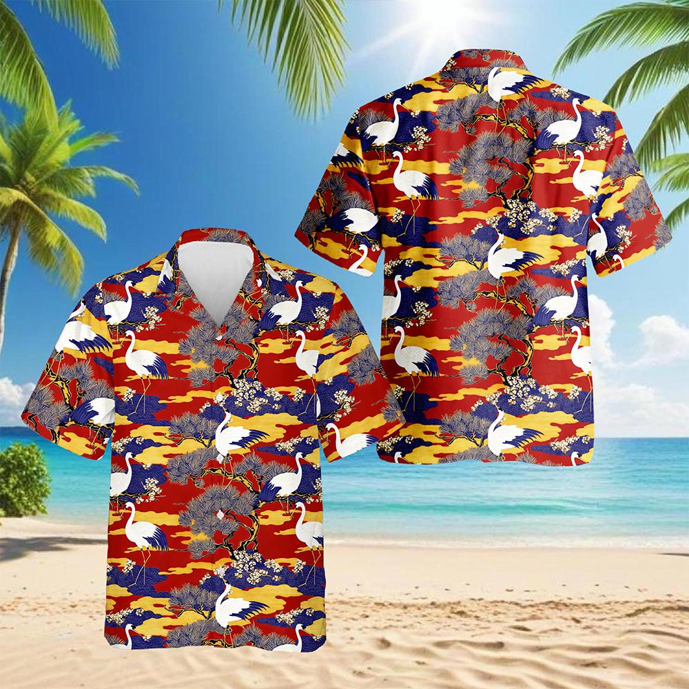 Netecom Sakura Redheaded Crane Hawaiian Shirt for Men, Japanese Nature Style, Button Down Summer Beach Short Sleeve, S-5XL