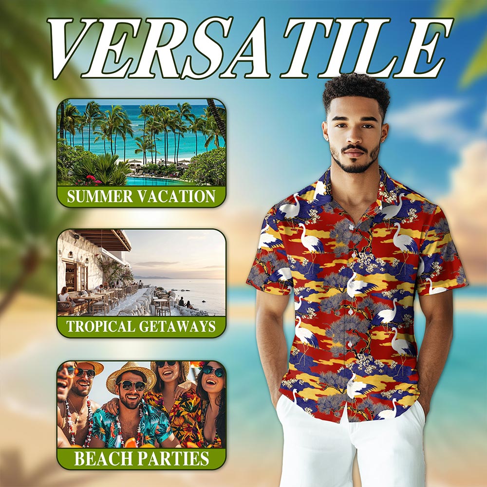 Netecom Sakura Redheaded Crane Hawaiian Shirt for Men, Japanese Nature Style, Button Down Summer Beach Short Sleeve, S-5XL