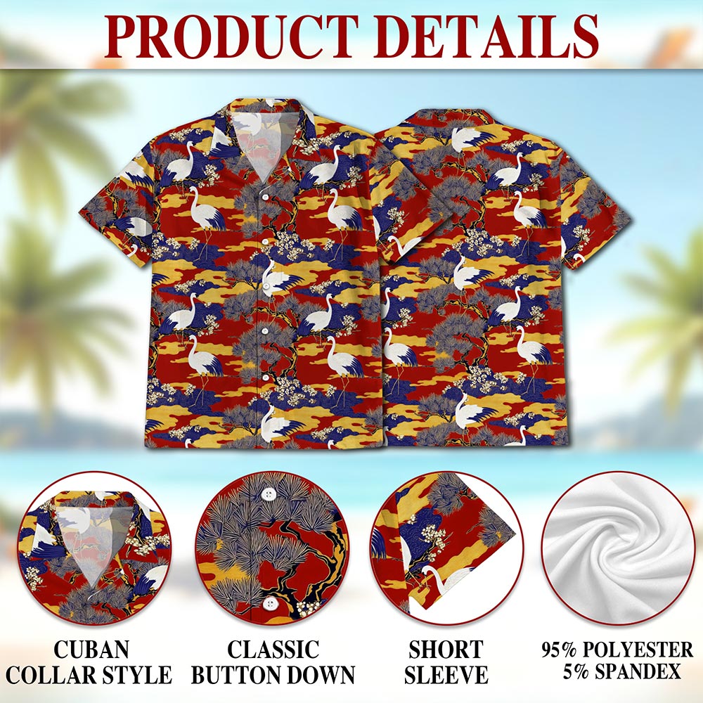 Netecom Sakura Redheaded Crane Hawaiian Shirt for Men, Japanese Nature Style, Button Down Summer Beach Short Sleeve, S-5XL