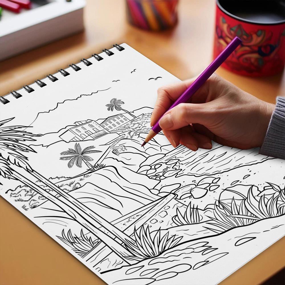 Netecom Santorini Greece Coloring Book Spiral Bound for Adults