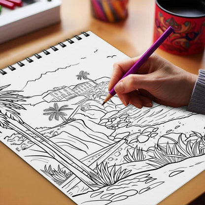 Netecom Santorini Greece Coloring Book Spiral Bound for Adults
