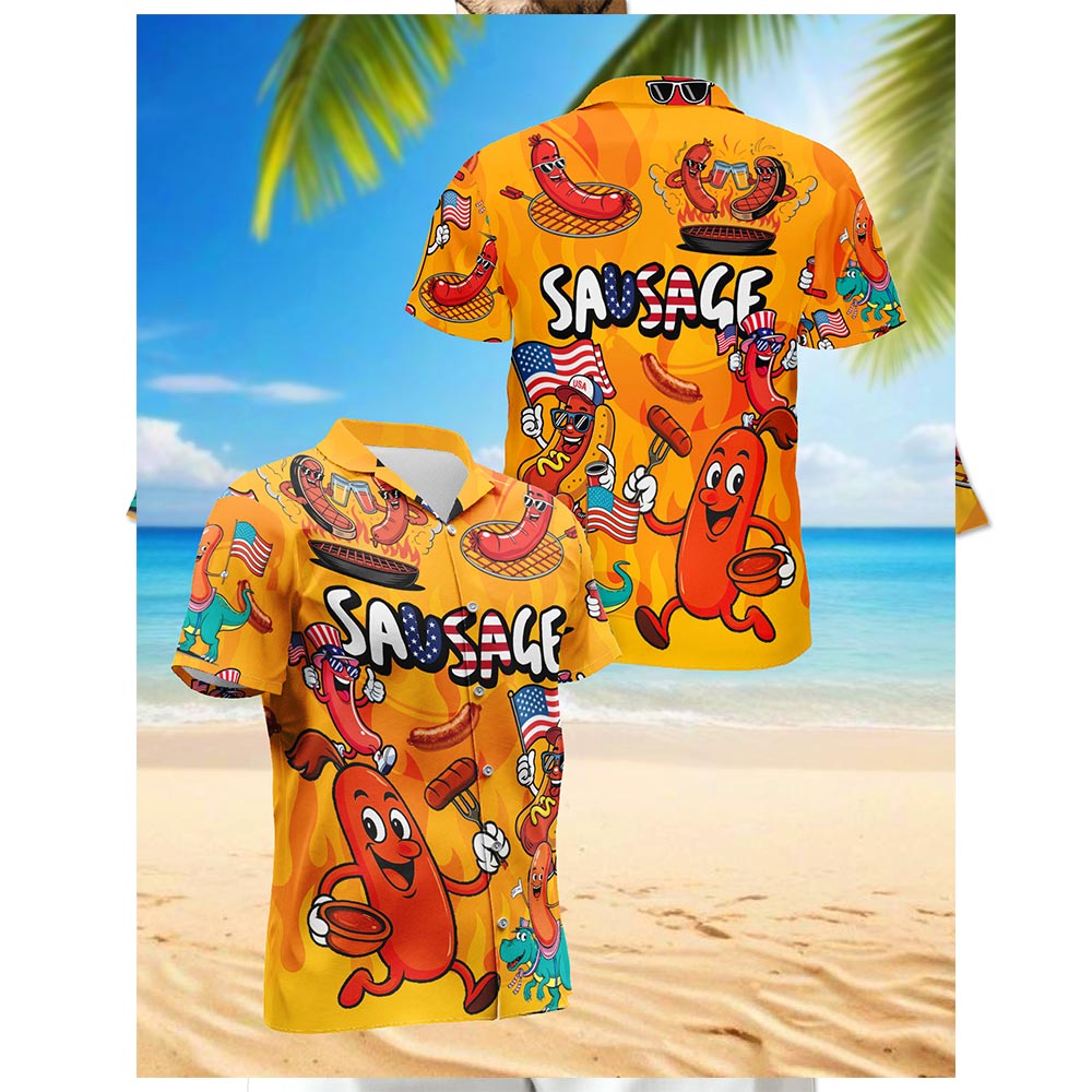 Netecom Sausage Hawaiian Shirt for Men, Funny Style, Button Down Summer Beach Short Sleeve, S-5XL