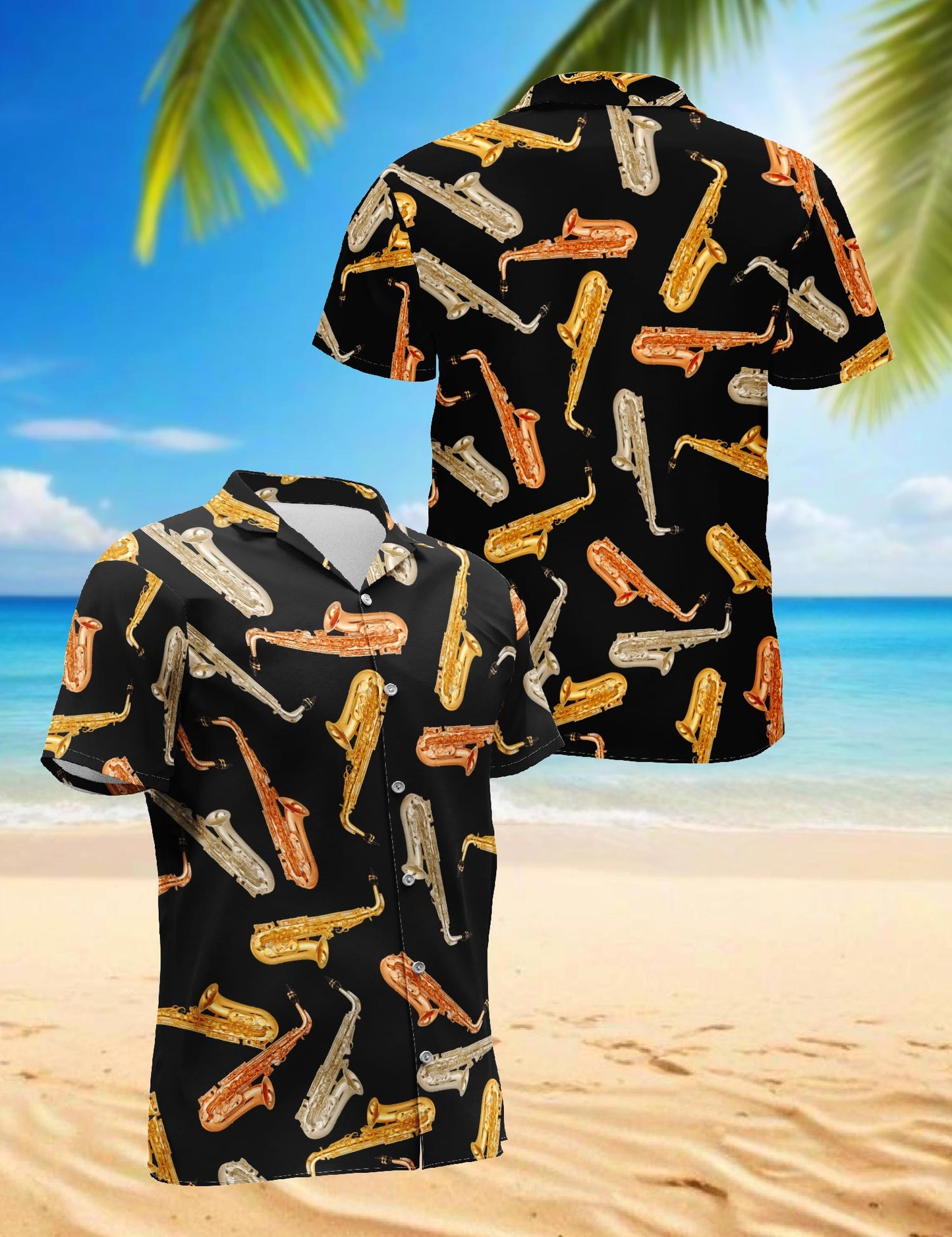 Netecom Saxophone Pattern Hawaiian Shirt for Men, Vintage Style, Button Down Summer Beach Short Sleeve, S-5XL