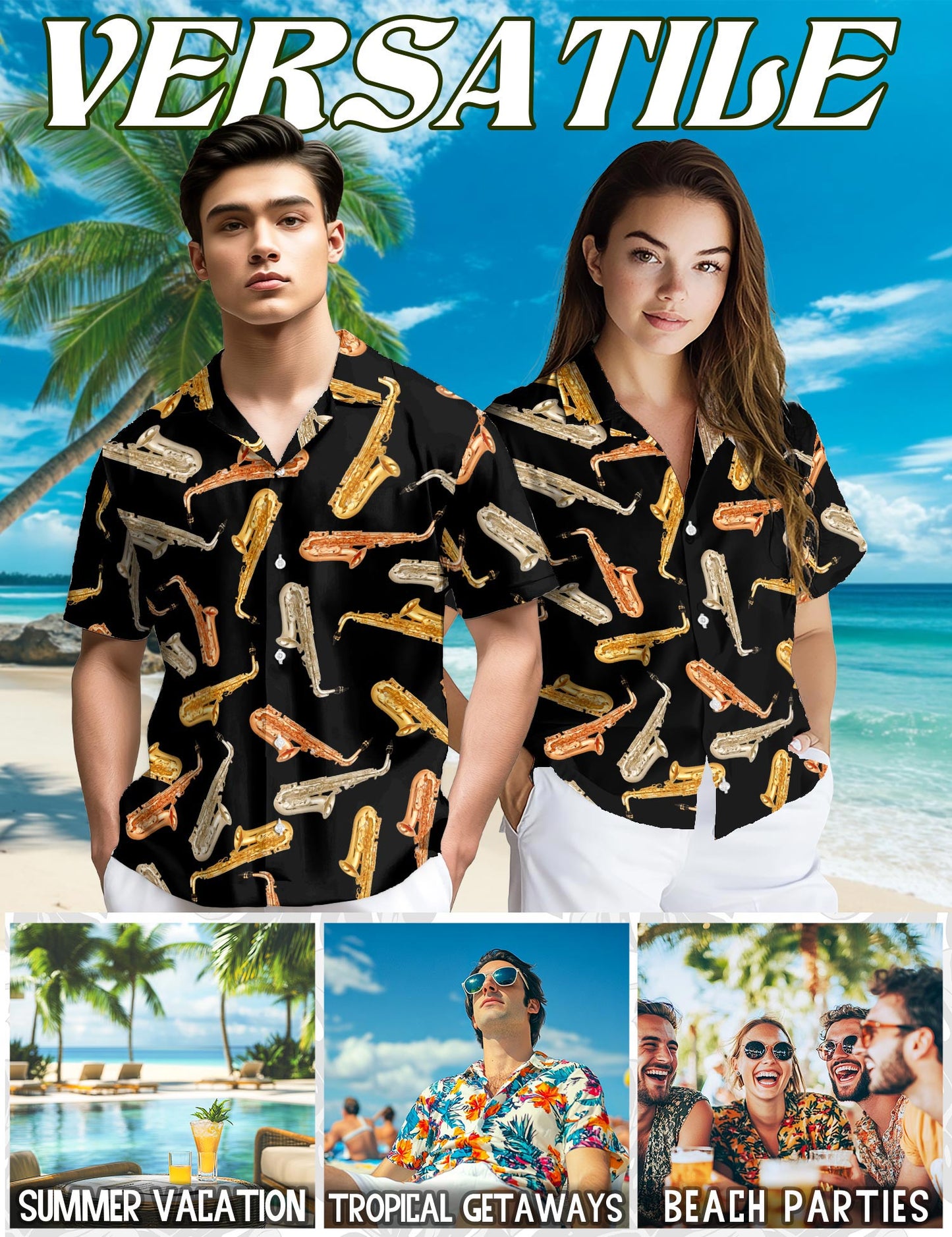 Netecom Saxophone Pattern Hawaiian Shirt for Men, Vintage Style, Button Down Summer Beach Short Sleeve, S-5XL