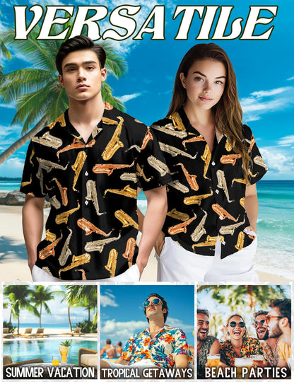 Netecom Saxophone Pattern Hawaiian Shirt for Men, Vintage Style, Button Down Summer Beach Short Sleeve, S-5XL