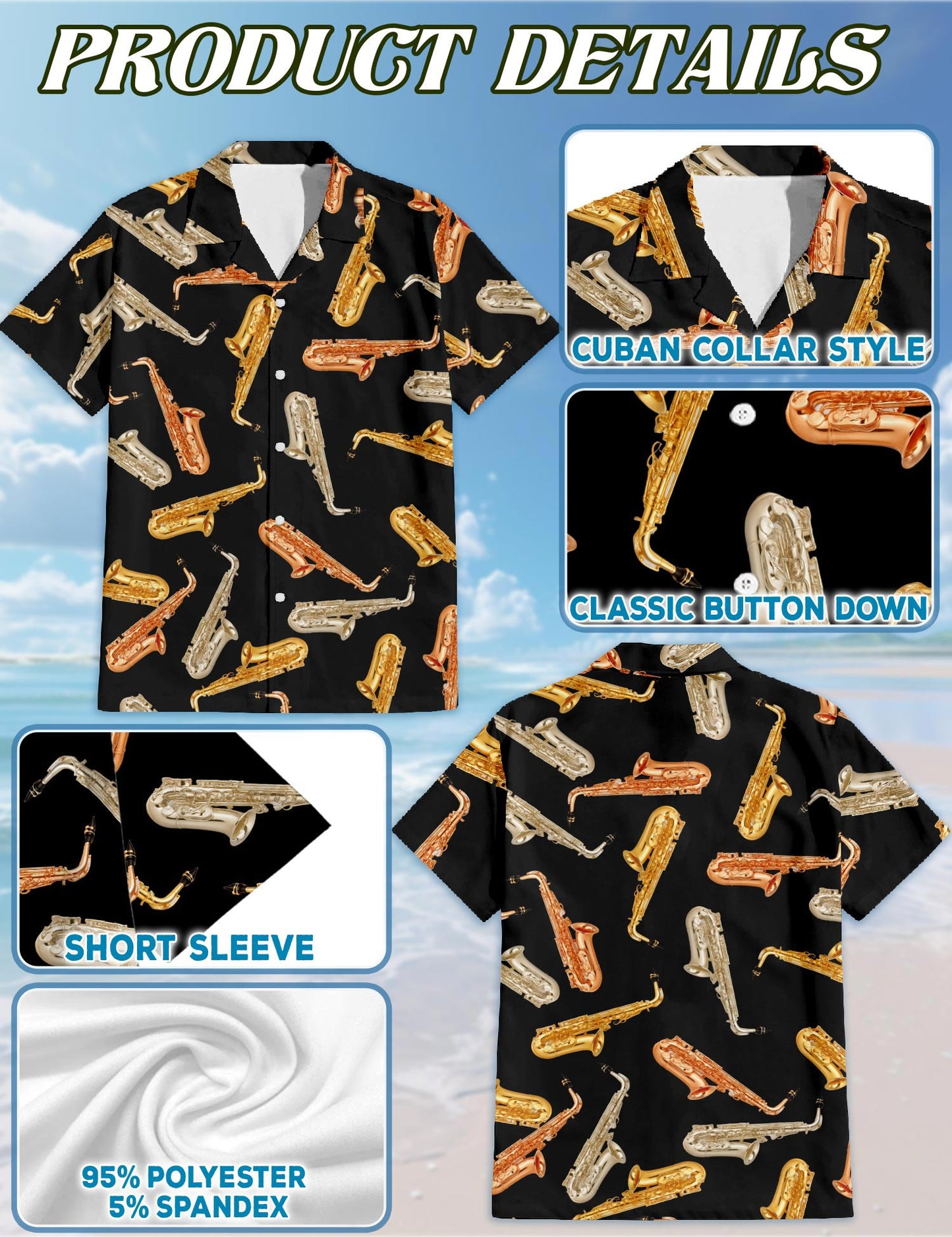 Netecom Saxophone Pattern Hawaiian Shirt for Men, Vintage Style, Button Down Summer Beach Short Sleeve, S-5XL