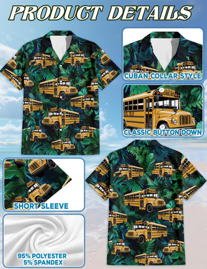 Netecom School Bus Hawaiian Shirt for Men, Tropical Style, Button Down Summer Beach Short Sleeve, S-5XL