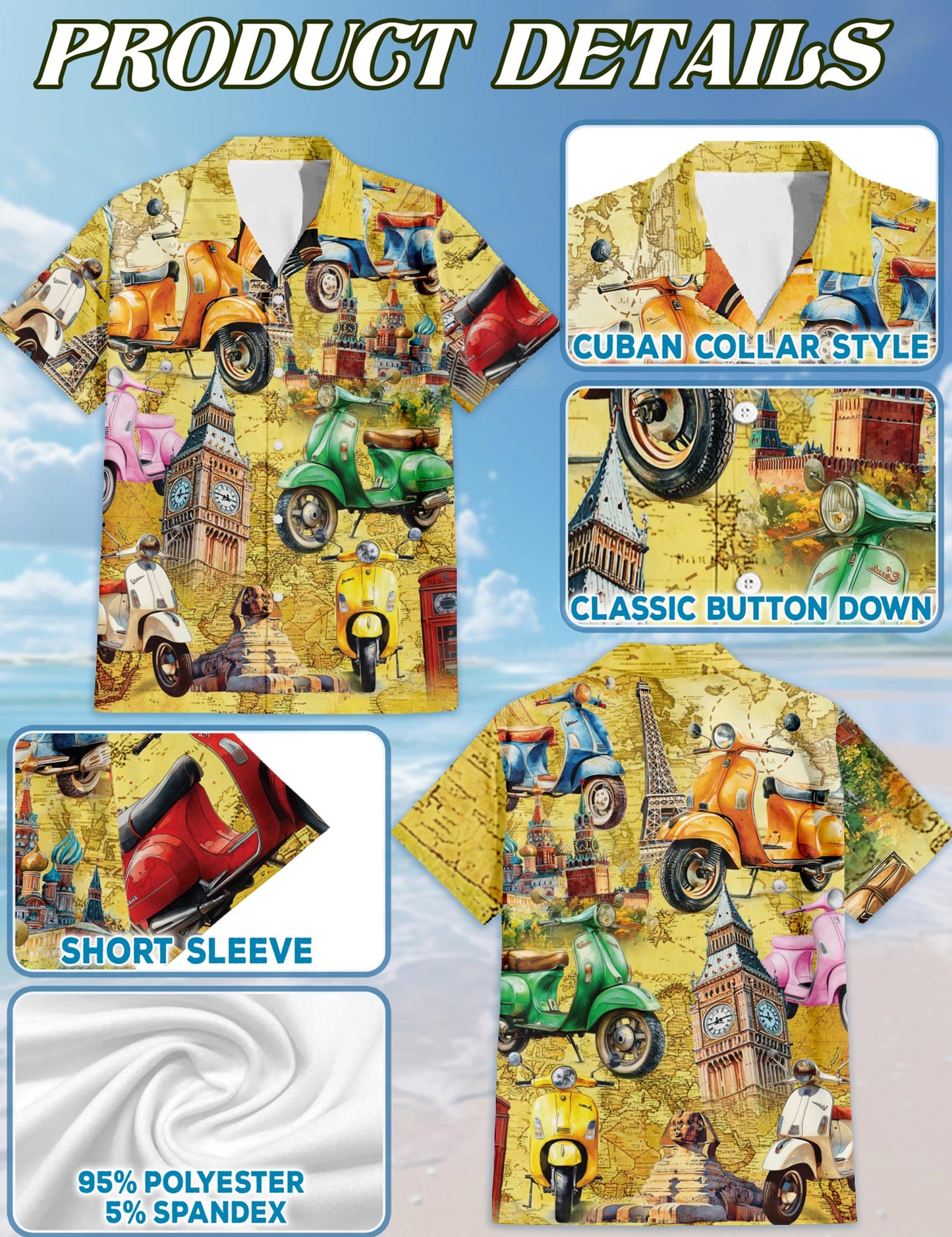 Netecom Scooters Chill Hawaiian Shirt for Men, Vintage Style, Button Down Summer Beach Short Sleeve, S-5XL
