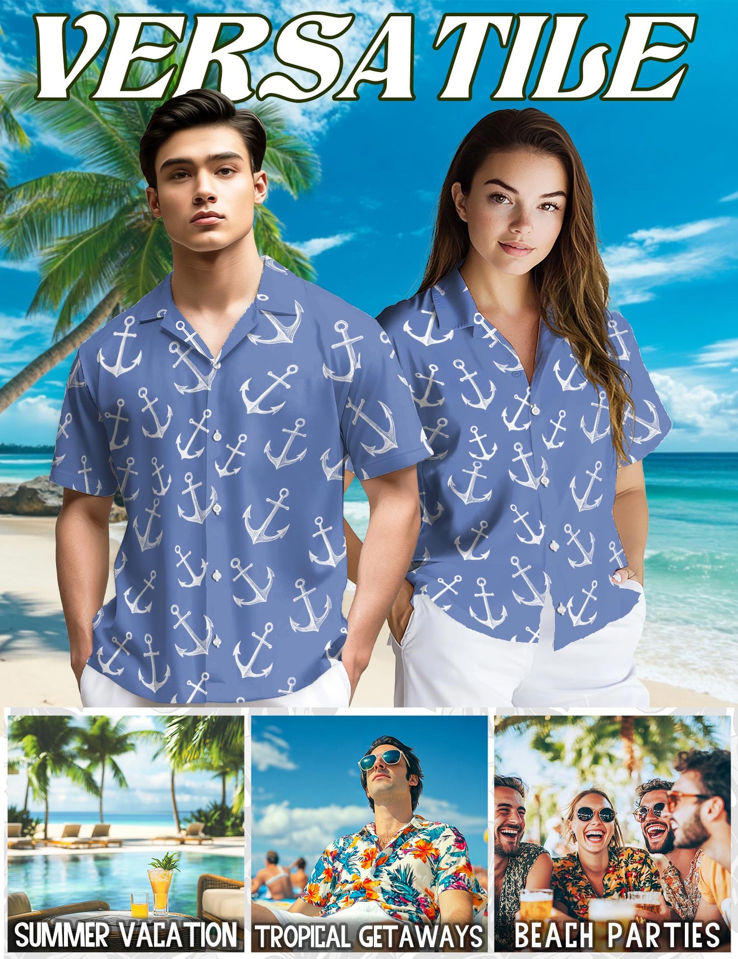 Netecom Sea Anchor Hawaiian Shirt for Men, Retro Style, Button Down Summer Beach Short Sleeve, S-5XL