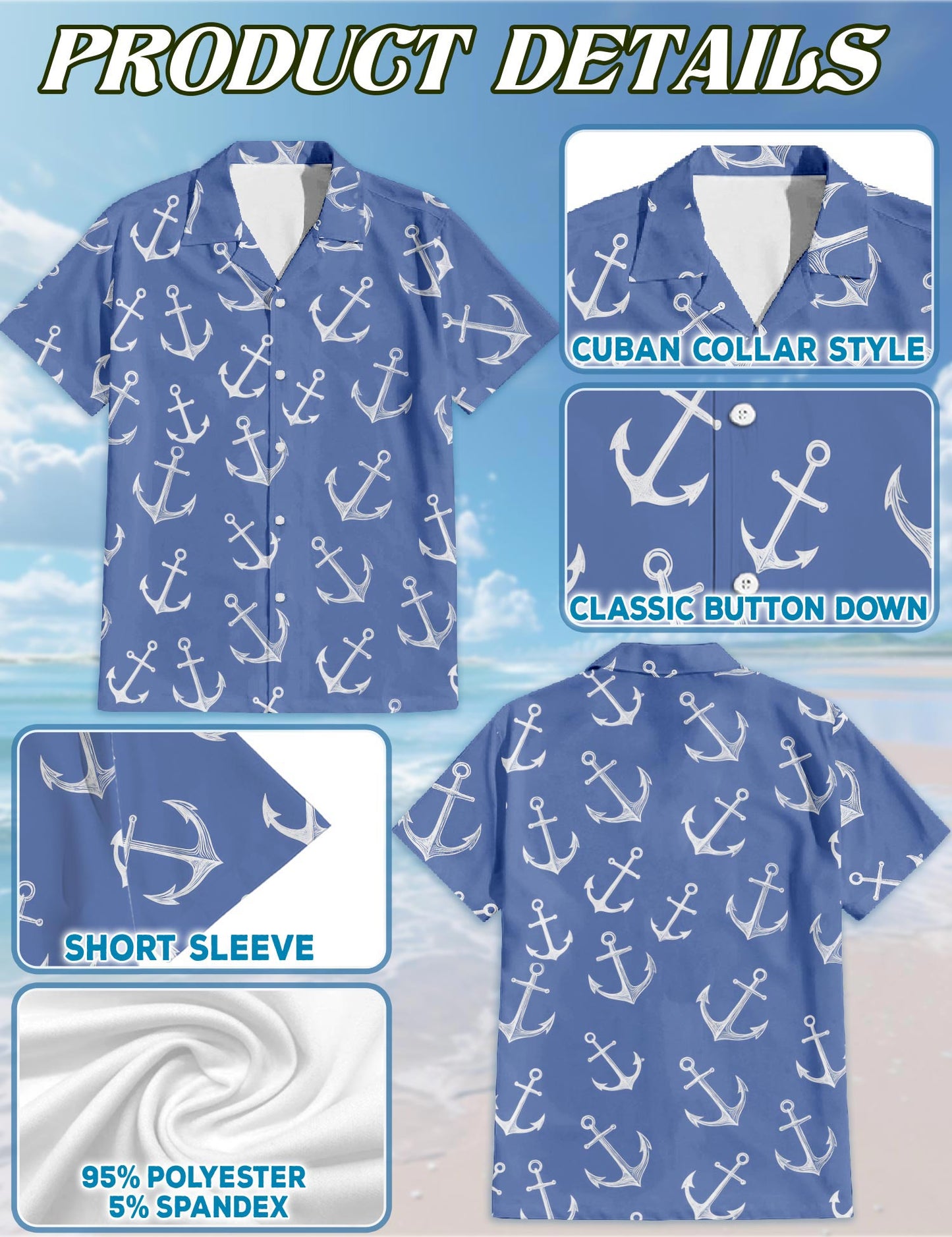 Netecom Sea Anchor Hawaiian Shirt for Men, Retro Style, Button Down Summer Beach Short Sleeve, S-5XL