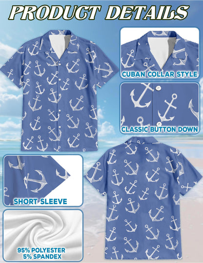 Netecom Sea Anchor Hawaiian Shirt for Men, Retro Style, Button Down Summer Beach Short Sleeve, S-5XL