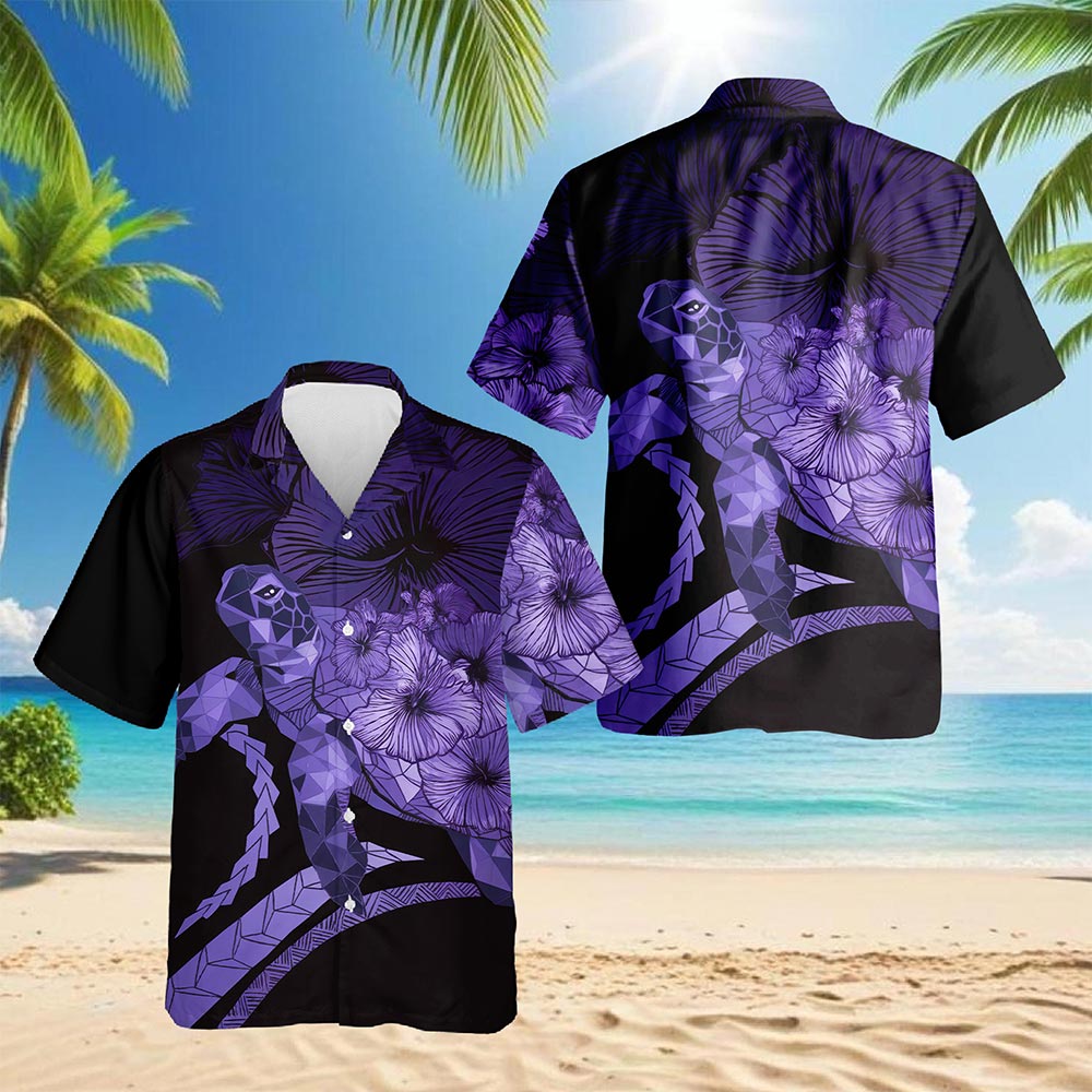 Netecom Sea Turtle Flower Purple Hawaiian Shirt for Men, Retro Style, Button Down Summer Beach Short Sleeve, S-5XL