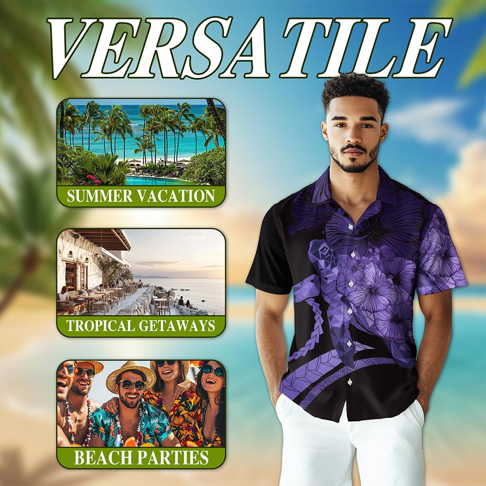 Netecom Sea Turtle Flower Purple Hawaiian Shirt for Men, Retro Style, Button Down Summer Beach Short Sleeve, S-5XL