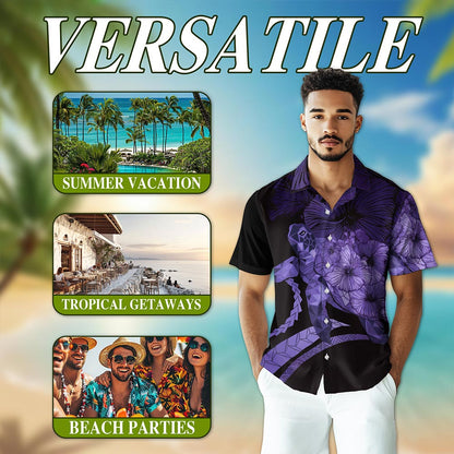 Netecom Sea Turtle Flower Purple Hawaiian Shirt for Men, Retro Style, Button Down Summer Beach Short Sleeve, S-5XL