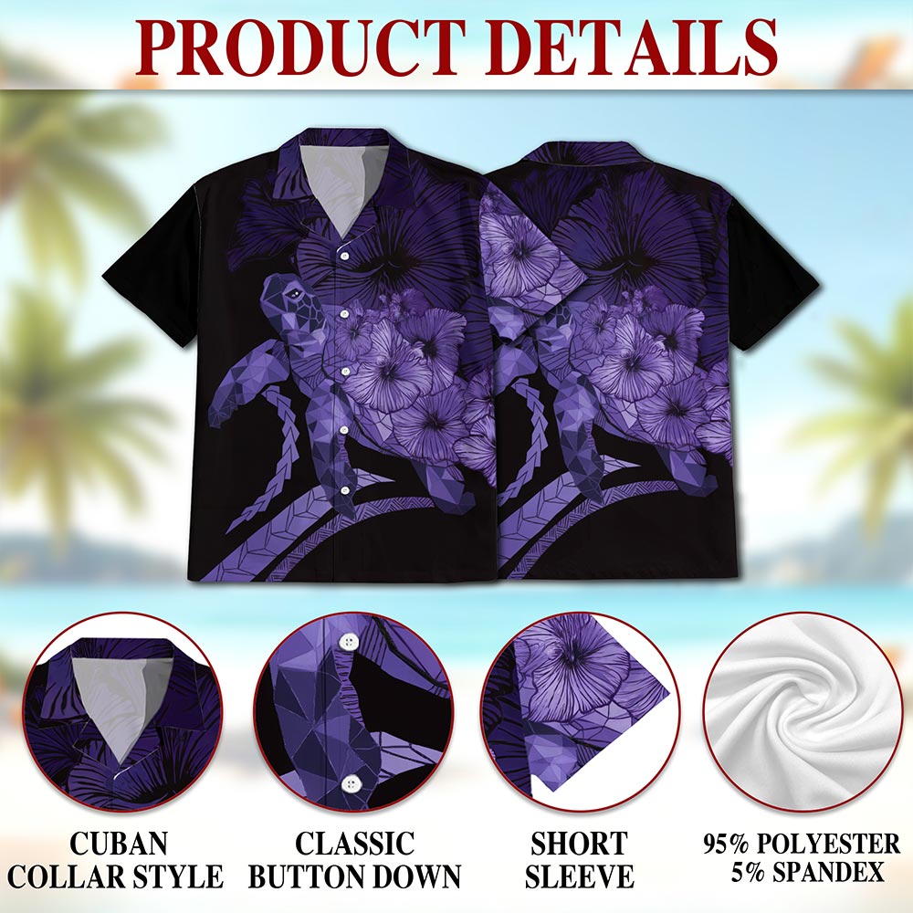 Netecom Sea Turtle Flower Purple Hawaiian Shirt for Men, Retro Style, Button Down Summer Beach Short Sleeve, S-5XL