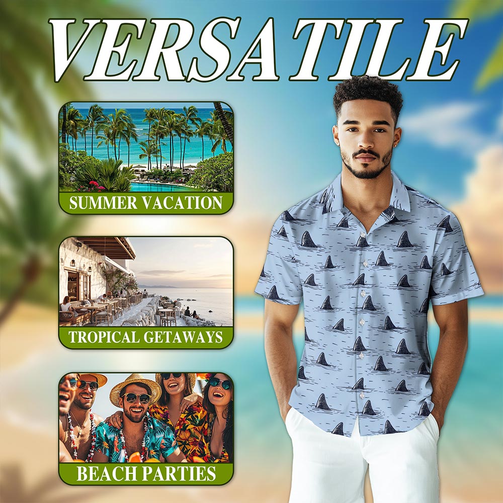Netecom Shark Fin Hawaiian Shirt for Men, Vintage Style, Button Down Summer Beach Short Sleeve, S-5XL
