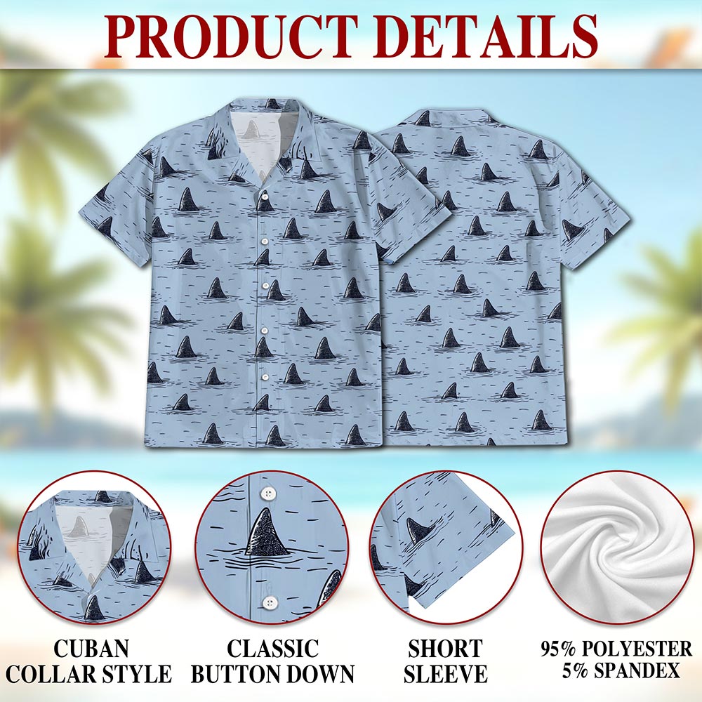 Netecom Shark Fin Hawaiian Shirt for Men, Vintage Style, Button Down Summer Beach Short Sleeve, S-5XL