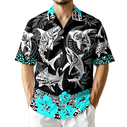 Netecom Shark Hawaiian Shirt for Men, Vintage Style, Button Down Summer Beach Short Sleeve, S-5XL