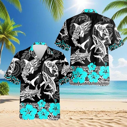 Netecom Shark Hawaiian Shirt for Men, Vintage Style, Button Down Summer Beach Short Sleeve, S-5XL