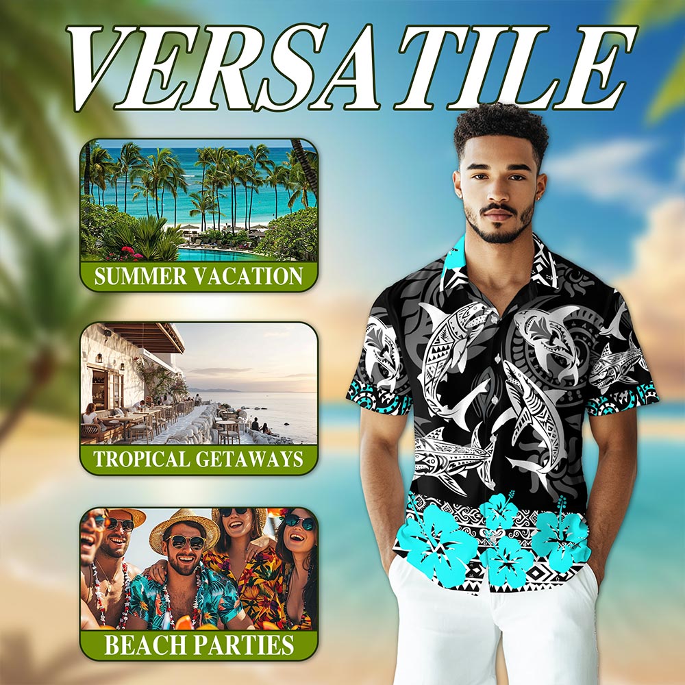 Netecom Shark Hawaiian Shirt for Men, Vintage Style, Button Down Summer Beach Short Sleeve, S-5XL