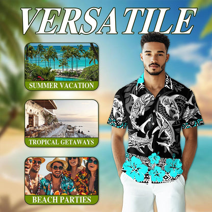 Netecom Shark Hawaiian Shirt for Men, Vintage Style, Button Down Summer Beach Short Sleeve, S-5XL