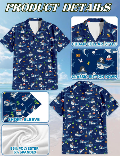Netecom Shark Pirates Hawaiian Shirt for Men, Retro Style, Button Down Summer Beach Short Sleeve, S-5XL