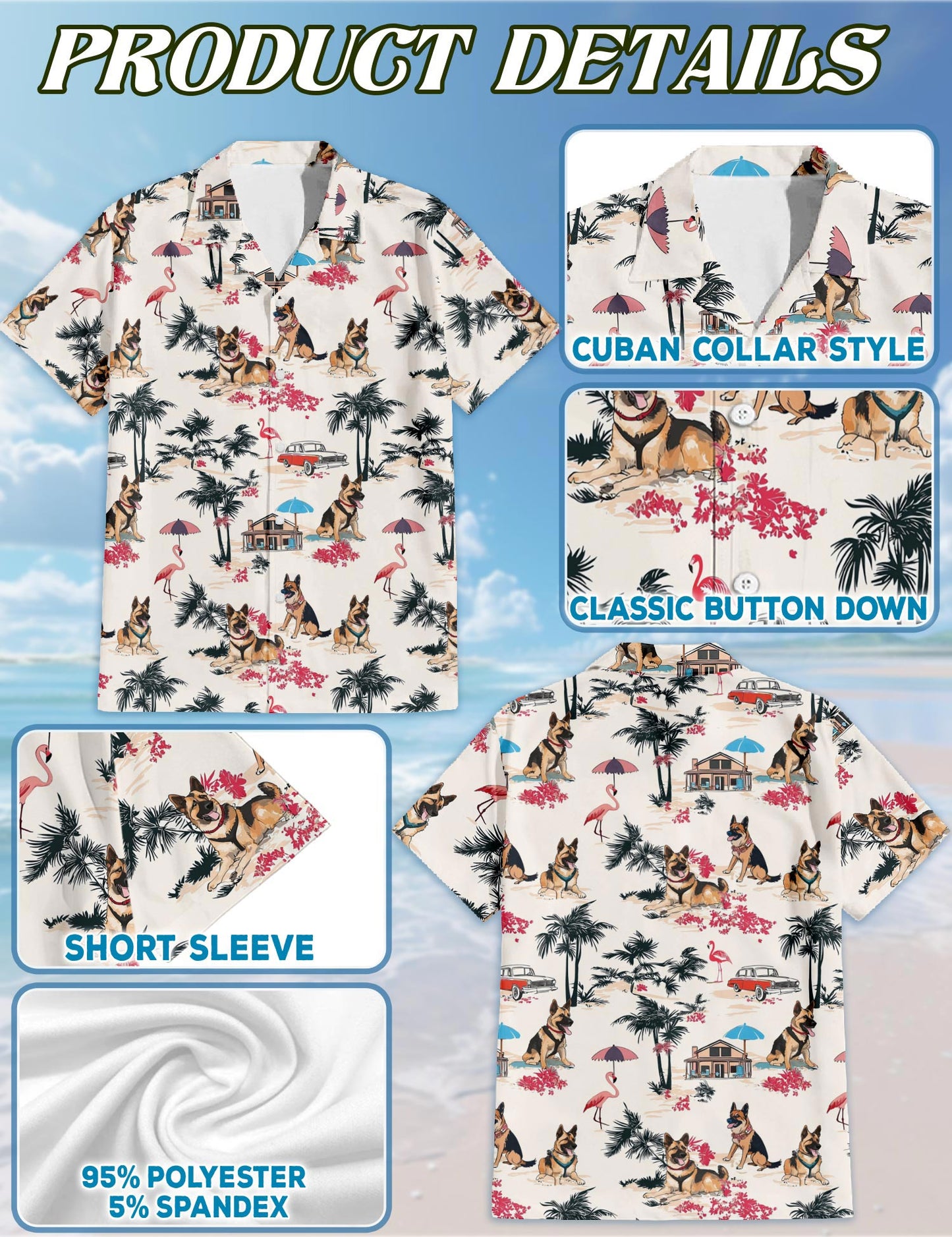 Netecom Shepherd Hawaiian Shirt for Men, Vintage Style, Button Down Summer Beach Short Sleeve, S-5XL