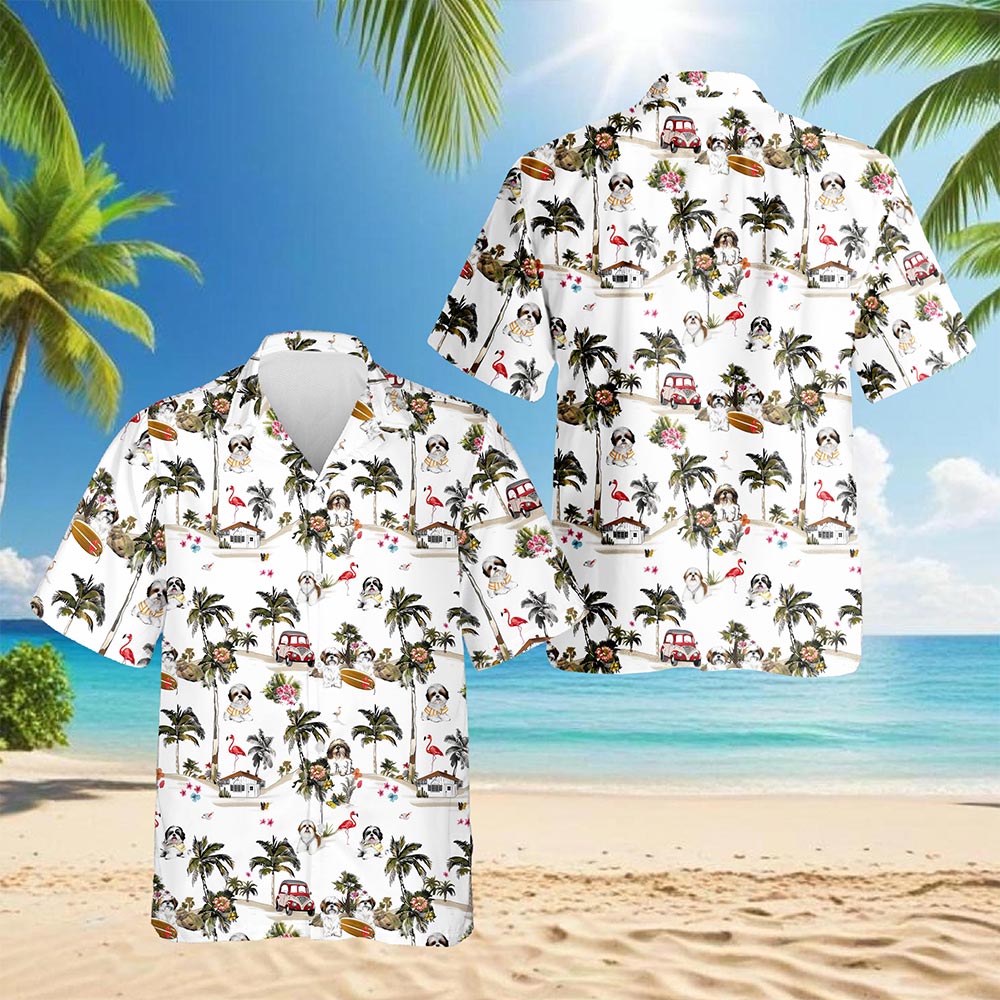 Netecom Shih Tzu Dog Hawaiian Shirt for Men, Tropical Style, Button Down Summer Beach Short Sleeve, S-5XL
