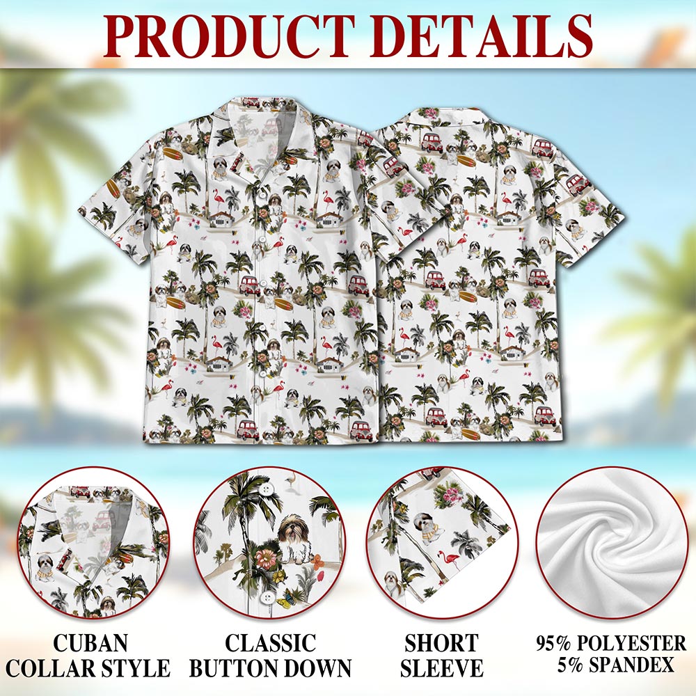 Netecom Shih Tzu Dog Hawaiian Shirt for Men, Tropical Style, Button Down Summer Beach Short Sleeve, S-5XL