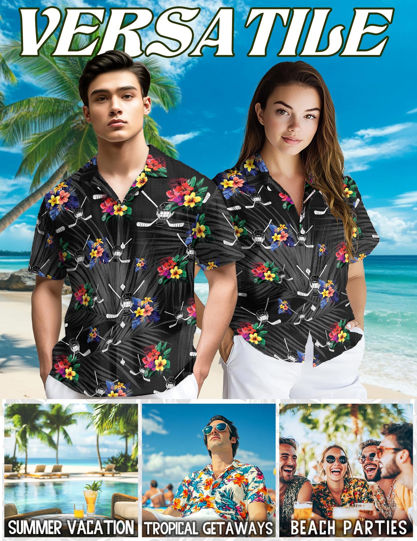 Netecom Simple Hockey Hawaiian Shirt for Men, Tropical Style, Button Down Summer Beach Short Sleeve, S-5XL