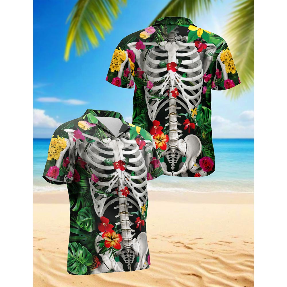 Netecom Skeleton Flowers On The Inside Hawaiian Shirt for Men, Button Down Summer Beach Short Sleeve, Tropical Style, S-5XL