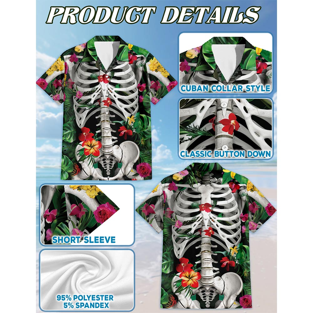 Netecom Skeleton Flowers On The Inside Hawaiian Shirt for Men, Button Down Summer Beach Short Sleeve, Tropical Style, S-5XL