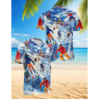 Netecom Skiing Hawaiian Shirt for Men, Sport Style, Button Down Summer Beach Short Sleeve, S-5XL