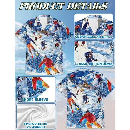 Netecom Skiing Hawaiian Shirt for Men, Sport Style, Button Down Summer Beach Short Sleeve, S-5XL