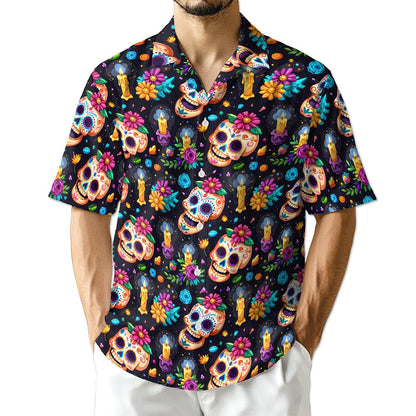 Netecom Skull Flower Pattern Hawaiian Shirt for Men Women, Tropical Button Down Summer Aloha Beach Short Sleeve Shirts, S-5XL