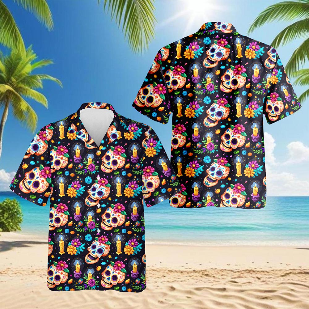 Netecom Skull Flower Pattern Hawaiian Shirt for Men Women, Tropical Button Down Summer Aloha Beach Short Sleeve Shirts, S-5XL