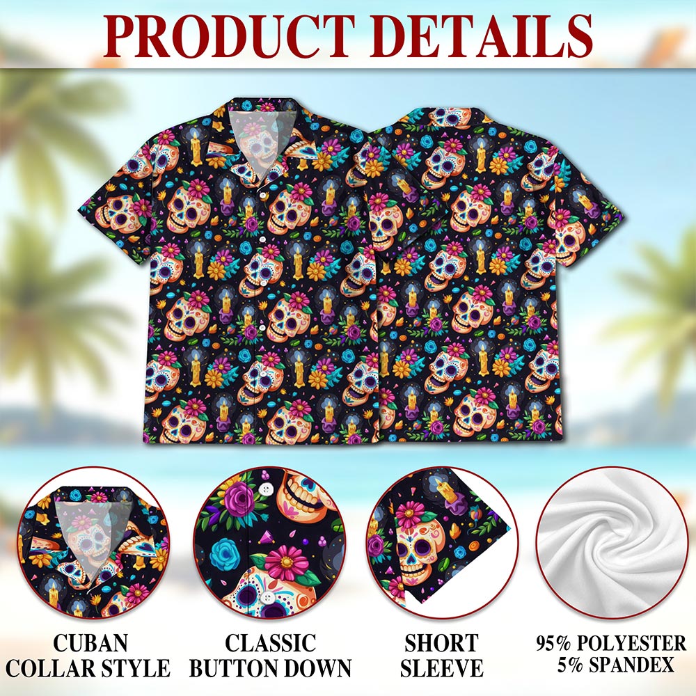 Netecom Skull Flower Pattern Hawaiian Shirt for Men Women, Tropical Button Down Summer Aloha Beach Short Sleeve Shirts, S-5XL