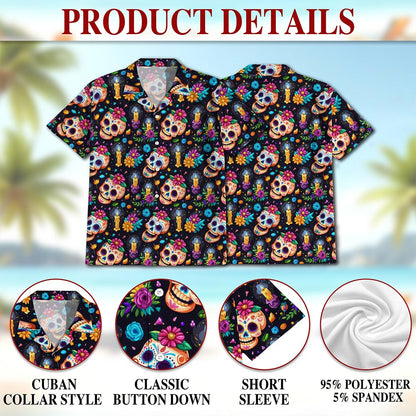 Netecom Skull Flower Pattern Hawaiian Shirt for Men Women, Tropical Button Down Summer Aloha Beach Short Sleeve Shirts, S-5XL