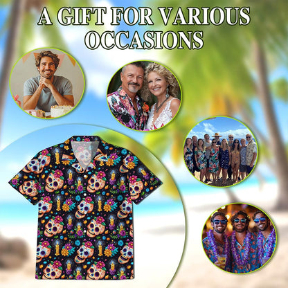 Netecom Skull Flower Pattern Hawaiian Shirt for Men Women, Tropical Button Down Summer Aloha Beach Short Sleeve Shirts, S-5XL