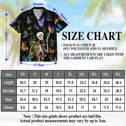 Netecom Skull Love Butterfly Overnight Black Hawaiian Shirt for Men, Tropical Button Down Summer Aloha Beach Shirts, S-5XL