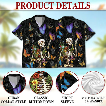 Netecom Skull Love Butterfly Overnight Black Hawaiian Shirt for Men, Tropical Button Down Summer Aloha Beach Shirts, S-5XL