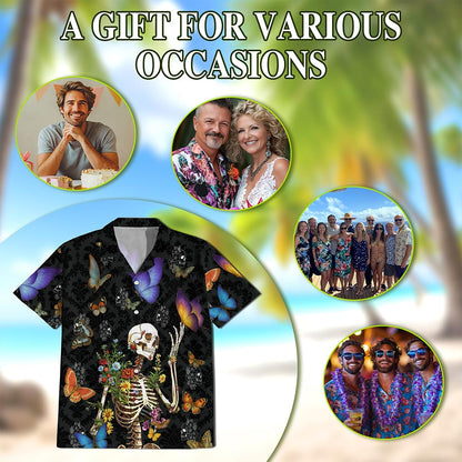 Netecom Skull Love Butterfly Overnight Black Hawaiian Shirt for Men, Tropical Button Down Summer Aloha Beach Shirts, S-5XL