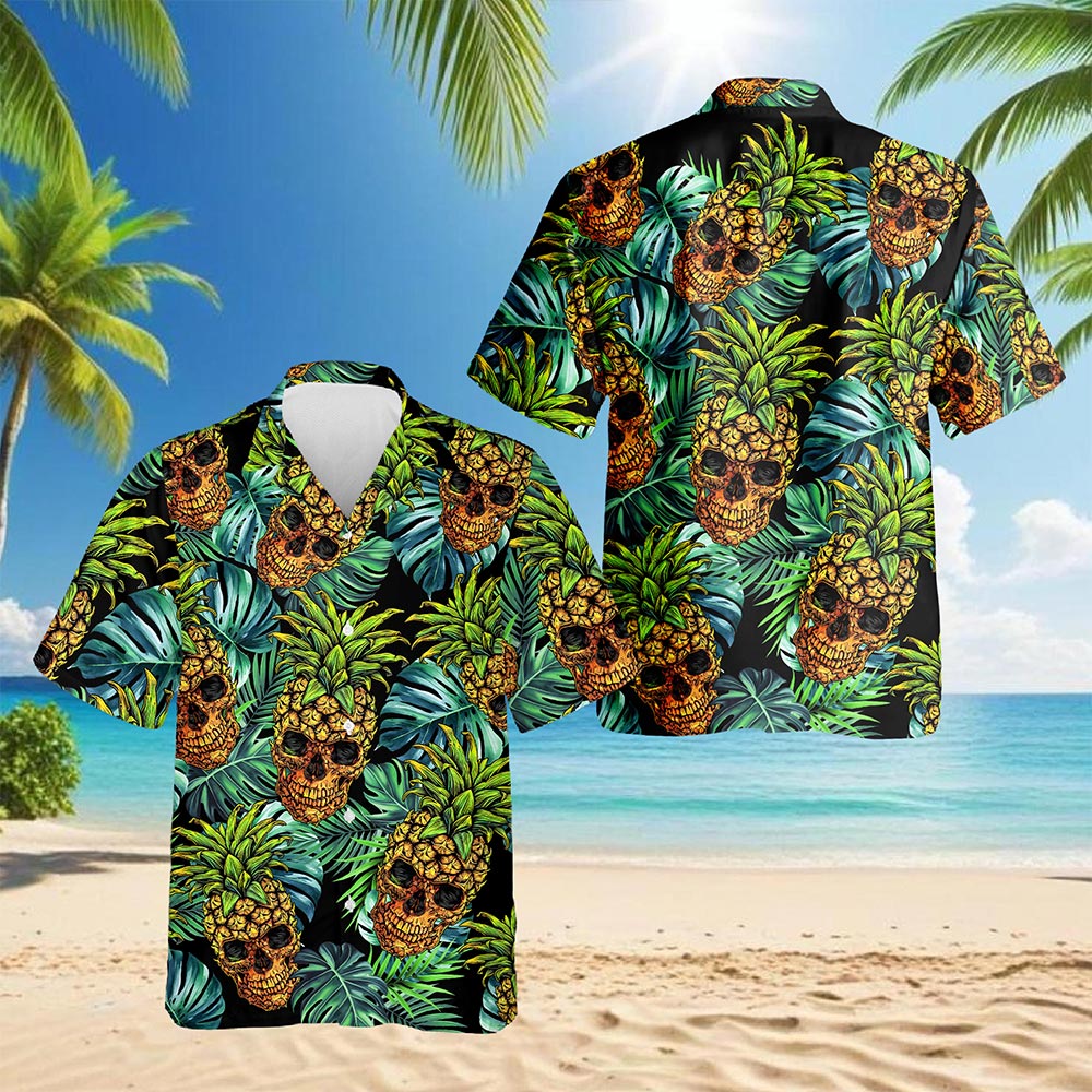 Netecom Skull Pineapple Hawaiian Shirt for Men, Tropical Style, Button Down Summer Beach Short Sleeve, S-5XL