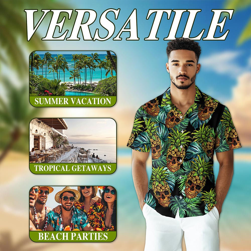 Netecom Skull Pineapple Hawaiian Shirt for Men, Tropical Style, Button Down Summer Beach Short Sleeve, S-5XL