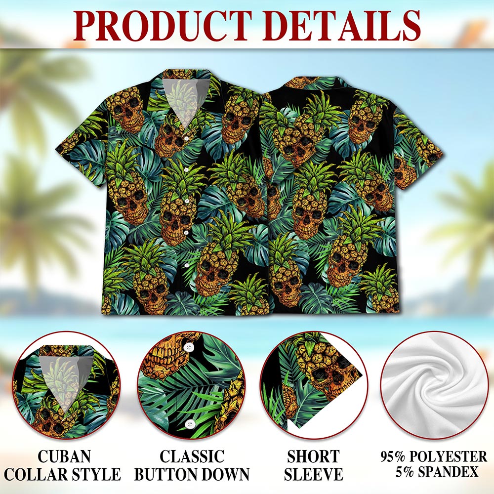 Netecom Skull Pineapple Hawaiian Shirt for Men, Tropical Style, Button Down Summer Beach Short Sleeve, S-5XL