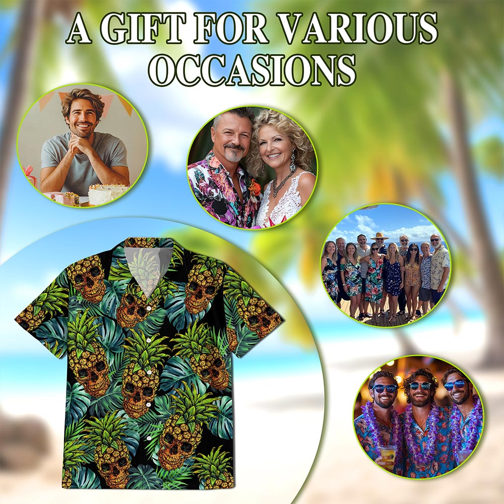 Netecom Skull Pineapple Hawaiian Shirt for Men, Tropical Style, Button Down Summer Beach Short Sleeve, S-5XL